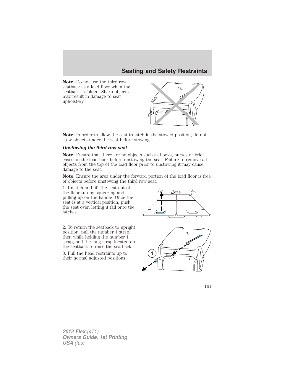 Unstowing the third row seat, Seating and safety restraints | FORD 2012 Flex v.1 User Manual | Page 161 / 405