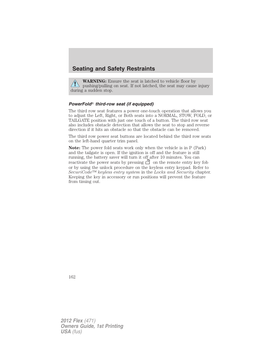 Powerfold third-row seat (if equipped), Seating and safety restraints | FORD 2012 Flex v.1 User Manual | Page 162 / 405