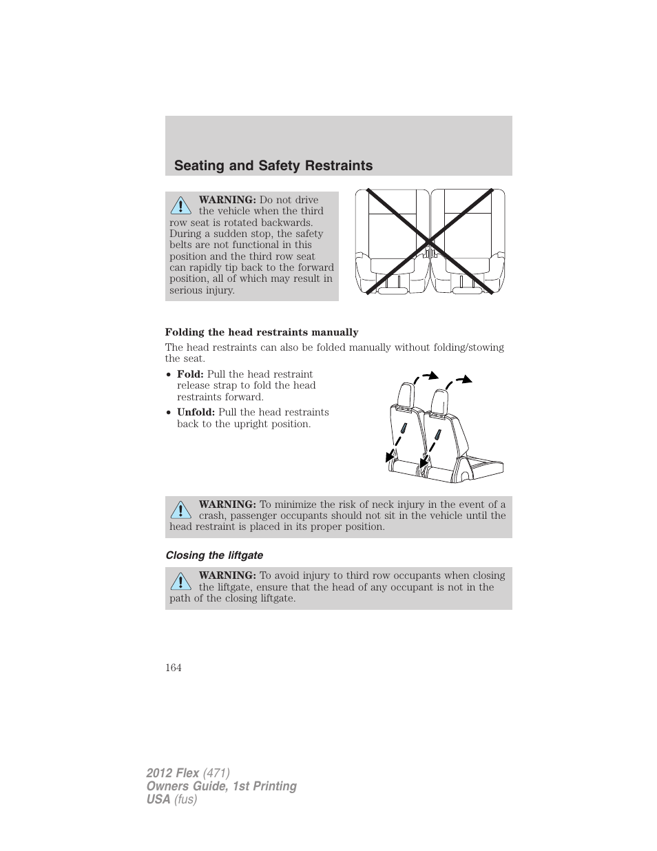 Closing the liftgate, Seating and safety restraints | FORD 2012 Flex v.1 User Manual | Page 164 / 405