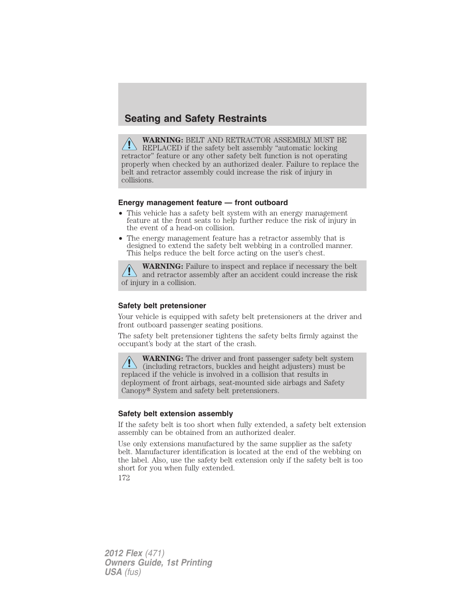 Energy management feature — front outboard, Safety belt pretensioner, Safety belt extension assembly | Seating and safety restraints | FORD 2012 Flex v.1 User Manual | Page 172 / 405
