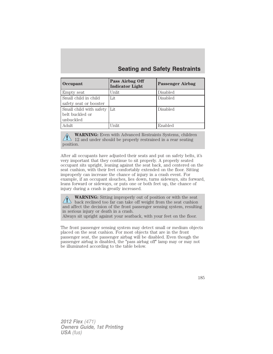 Seating and safety restraints | FORD 2012 Flex v.1 User Manual | Page 185 / 405