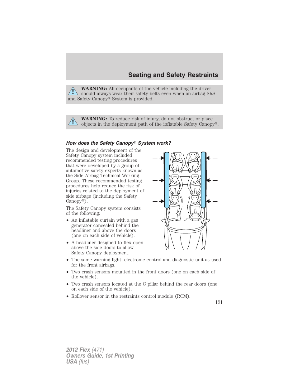 How does the safety canopy system work, Seating and safety restraints | FORD 2012 Flex v.1 User Manual | Page 191 / 405