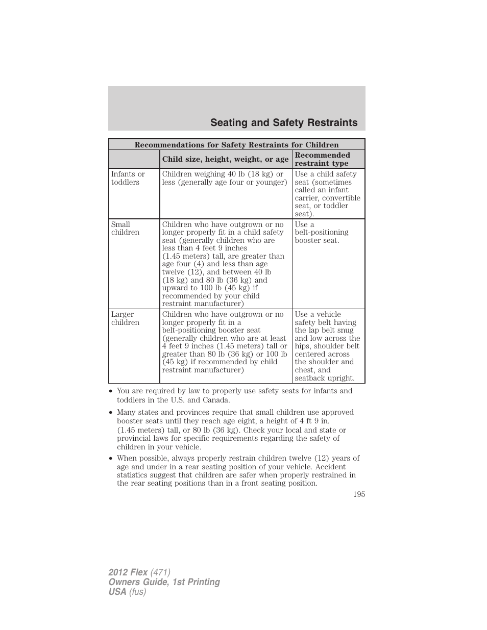 Seating and safety restraints | FORD 2012 Flex v.1 User Manual | Page 195 / 405