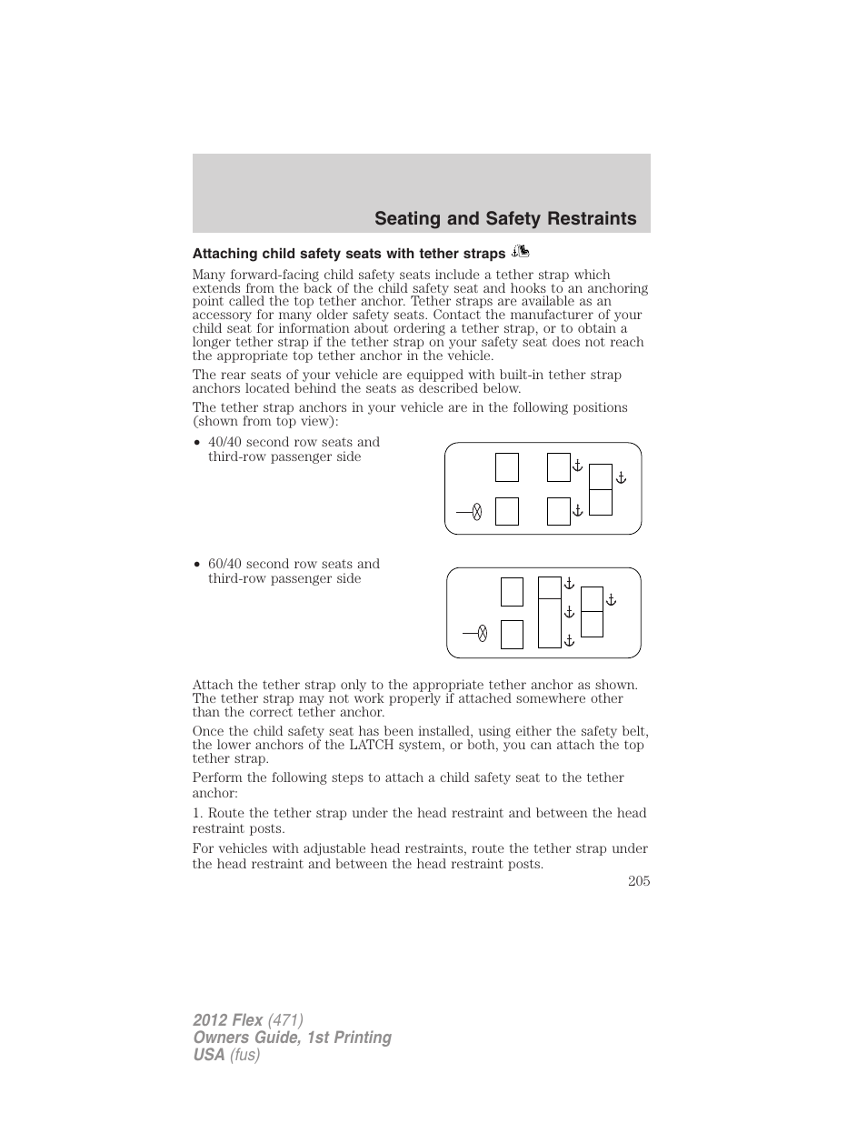 Attaching child safety seats with tether straps, Seating and safety restraints | FORD 2012 Flex v.1 User Manual | Page 205 / 405