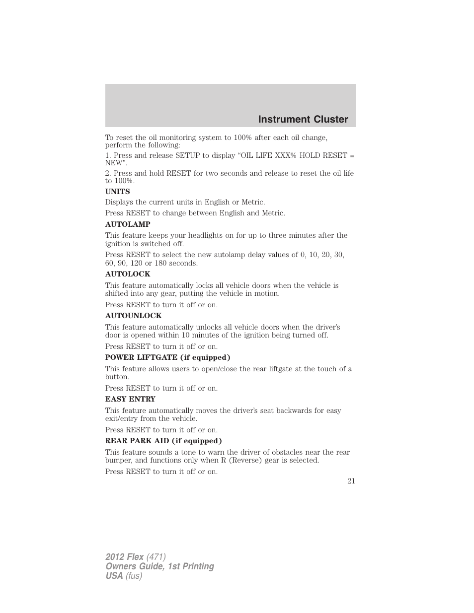 Instrument cluster | FORD 2012 Flex v.1 User Manual | Page 21 / 405