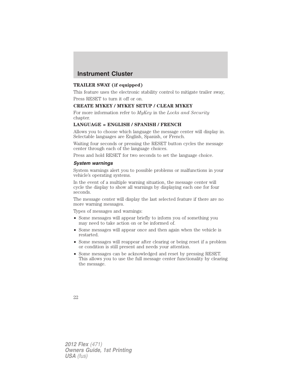 System warnings, Instrument cluster | FORD 2012 Flex v.1 User Manual | Page 22 / 405