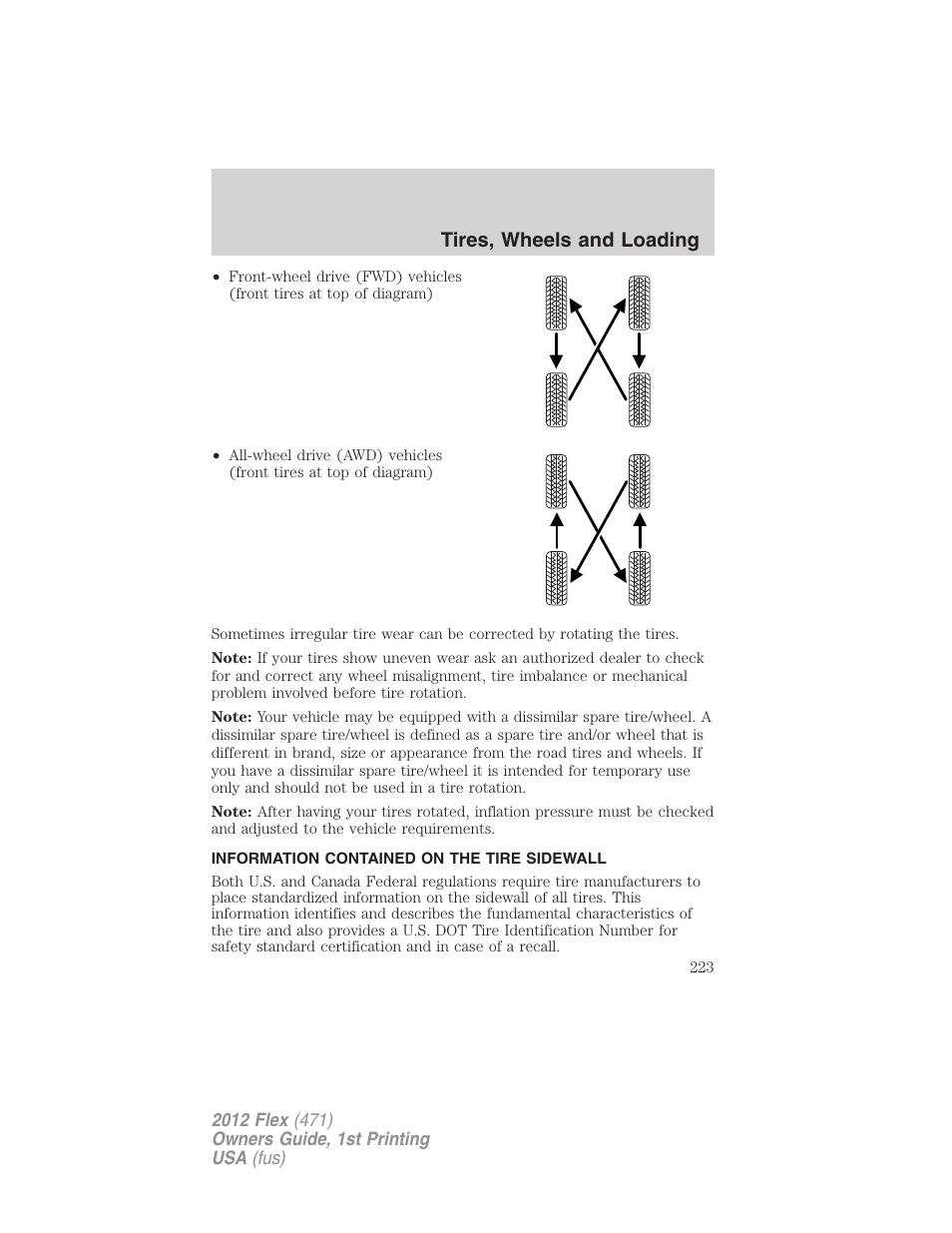 Information contained on the tire sidewall, Tires, wheels and loading | FORD 2012 Flex v.1 User Manual | Page 223 / 405