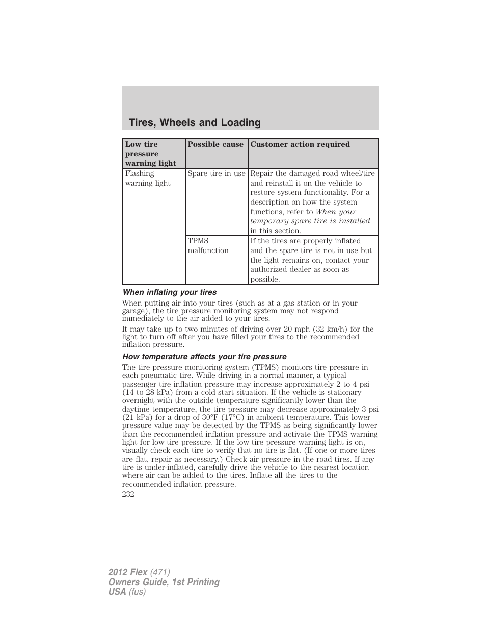 When inflating your tires, How temperature affects your tire pressure, Tires, wheels and loading | FORD 2012 Flex v.1 User Manual | Page 232 / 405