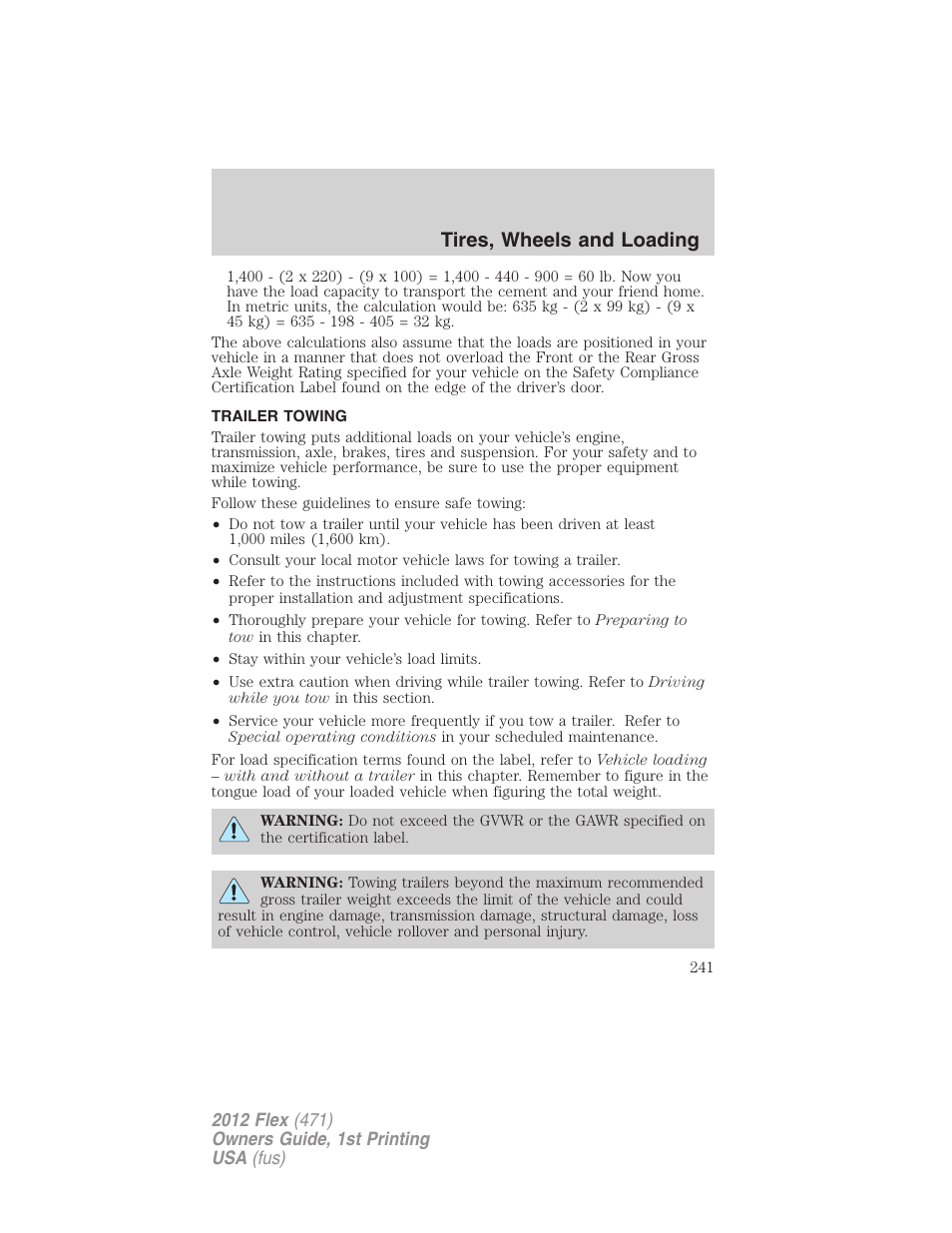 Trailer towing, Tires, wheels and loading | FORD 2012 Flex v.1 User Manual | Page 241 / 405