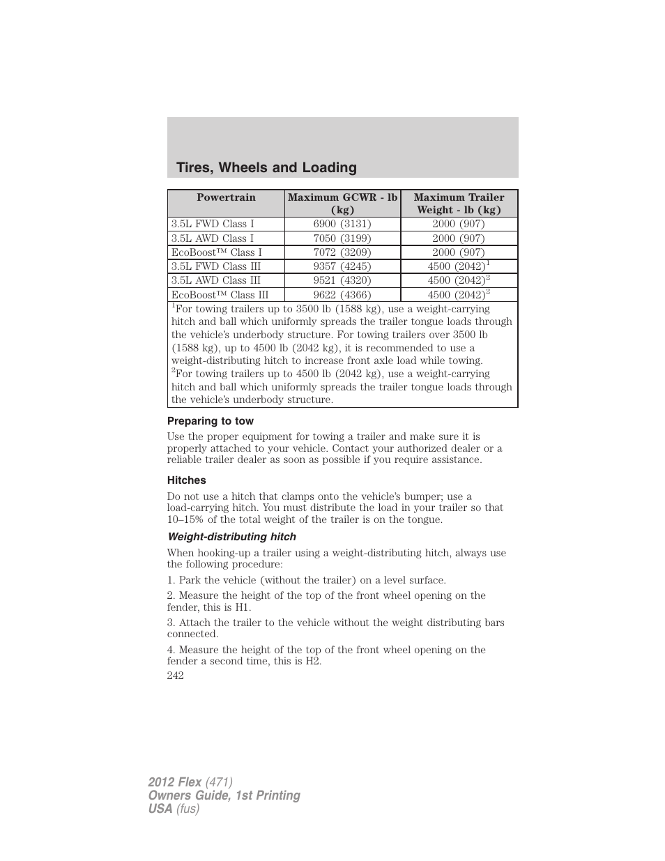 Preparing to tow, Hitches, Weight-distributing hitch | Tires, wheels and loading | FORD 2012 Flex v.1 User Manual | Page 242 / 405