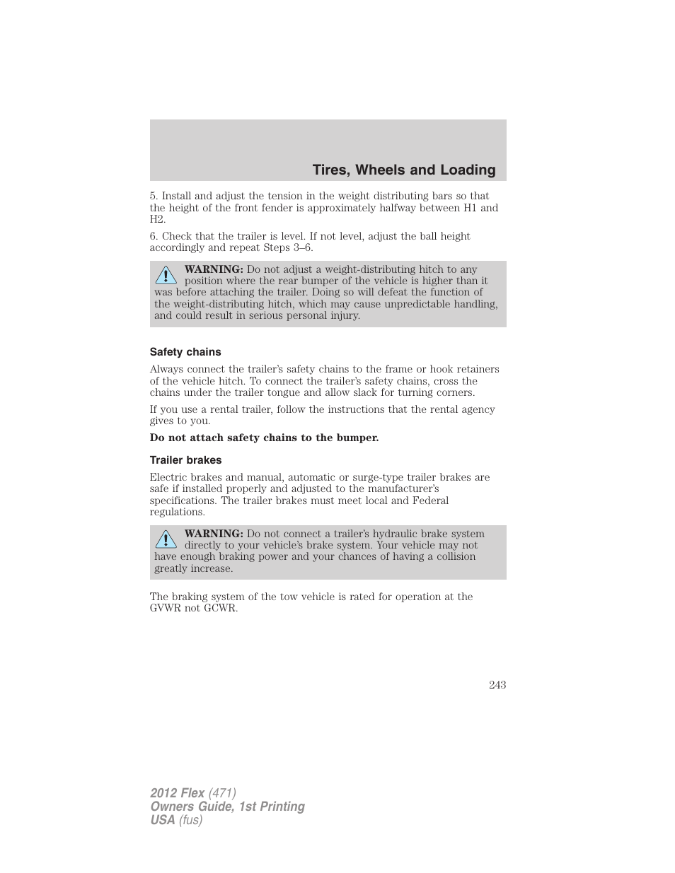 Safety chains, Trailer brakes, Tires, wheels and loading | FORD 2012 Flex v.1 User Manual | Page 243 / 405