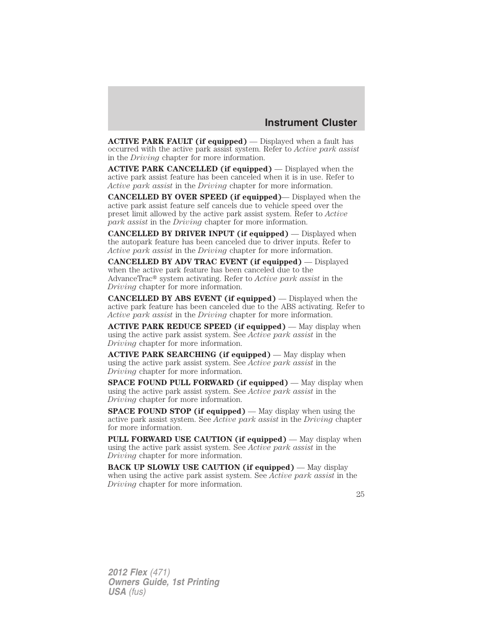 Instrument cluster | FORD 2012 Flex v.1 User Manual | Page 25 / 405