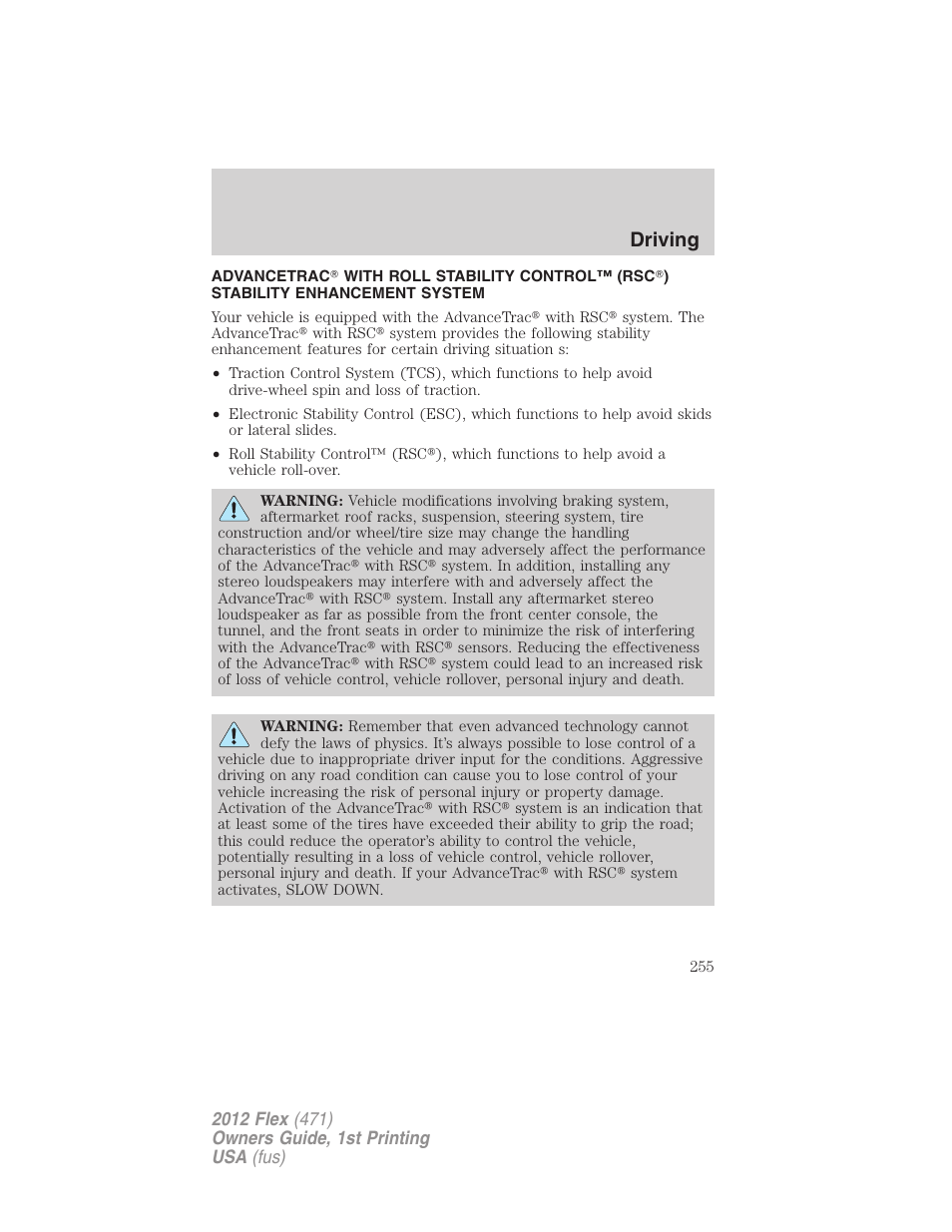 Advancetrac, Driving | FORD 2012 Flex v.1 User Manual | Page 255 / 405