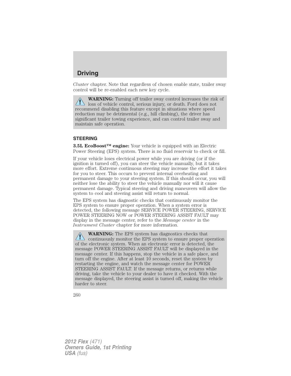 Steering, Driving | FORD 2012 Flex v.1 User Manual | Page 260 / 405