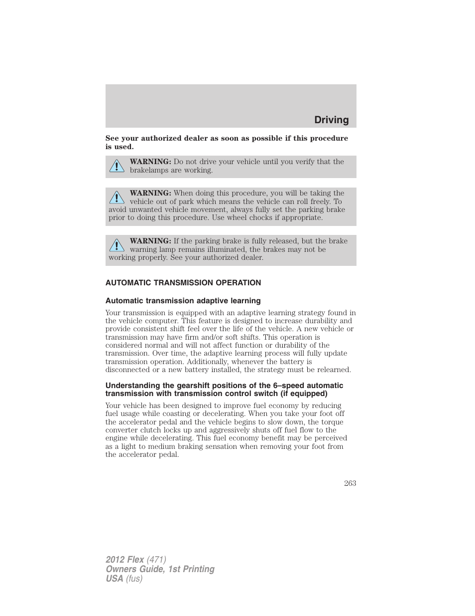 Automatic transmission operation, Automatic transmission adaptive learning, Transmission operation | Driving | FORD 2012 Flex v.1 User Manual | Page 263 / 405