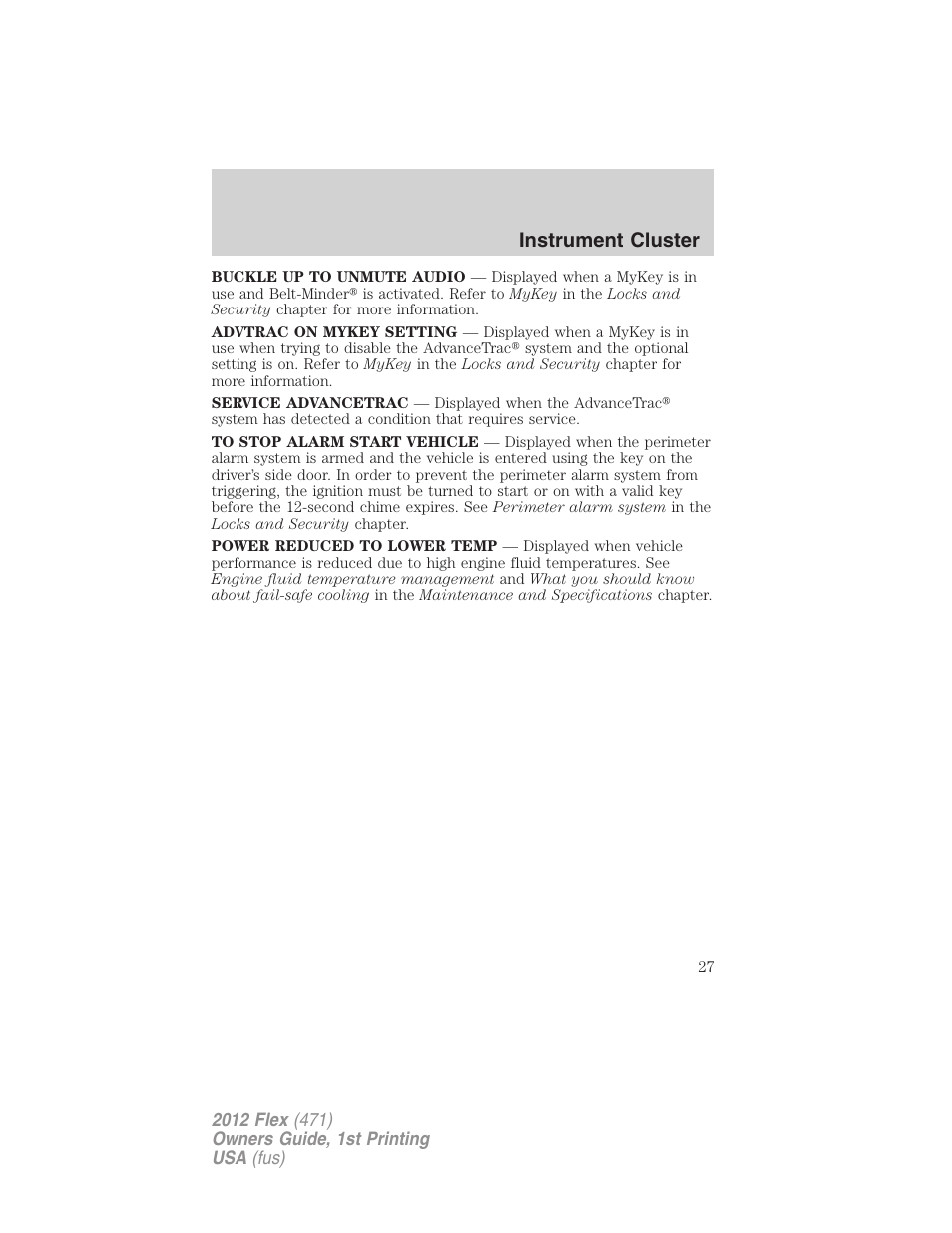 Instrument cluster | FORD 2012 Flex v.1 User Manual | Page 27 / 405