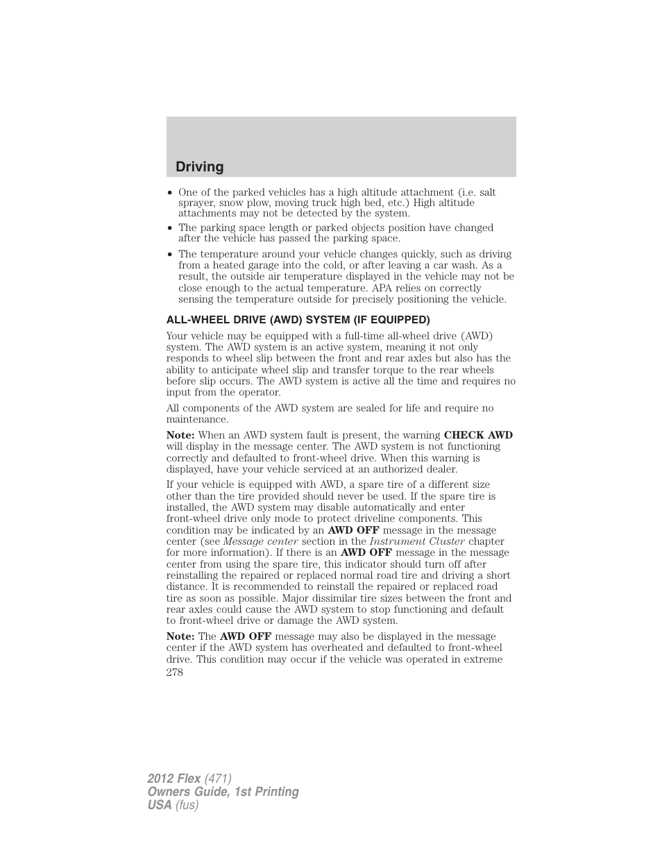 All-wheel drive (awd) system (if equipped), All wheel drive, Driving | FORD 2012 Flex v.1 User Manual | Page 278 / 405