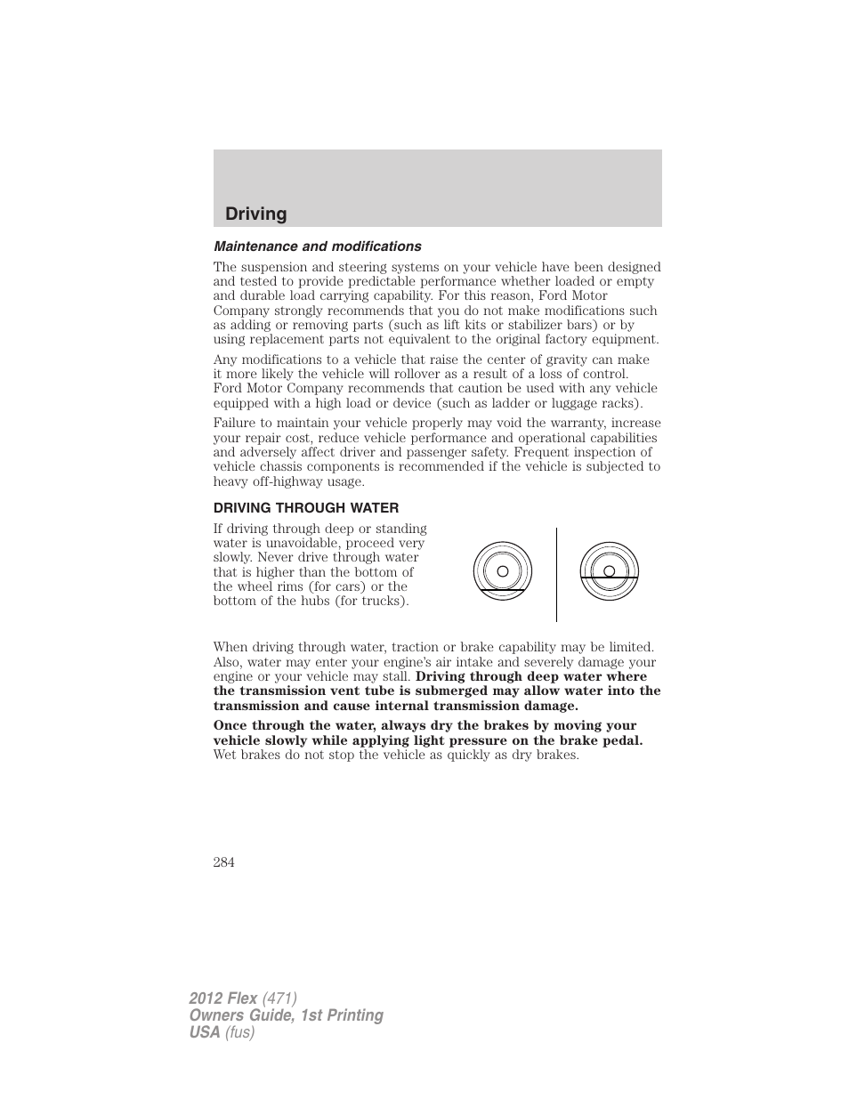 Maintenance and modifications, Driving through water, Driving | FORD 2012 Flex v.1 User Manual | Page 284 / 405