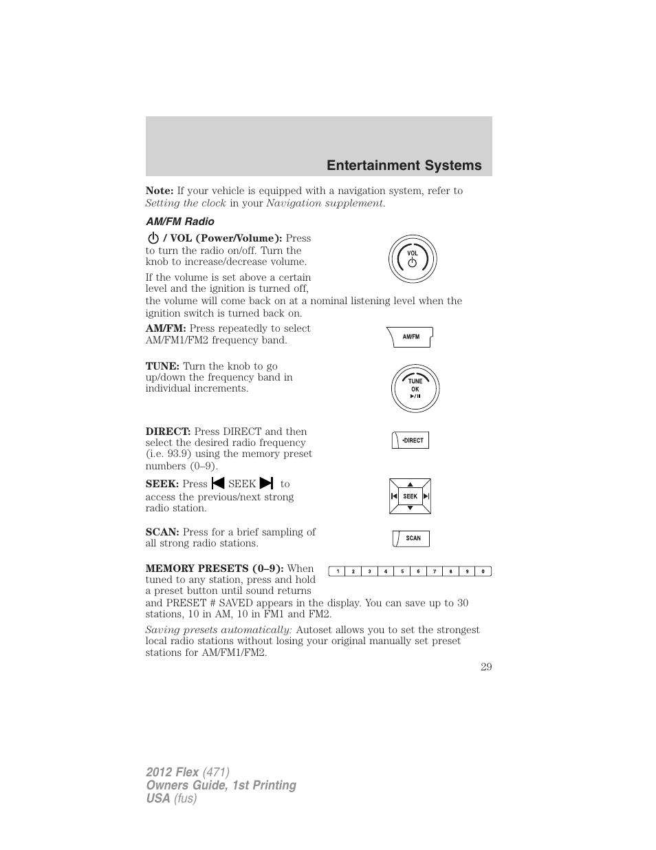 Am/fm radio, Entertainment systems | FORD 2012 Flex v.1 User Manual | Page 29 / 405