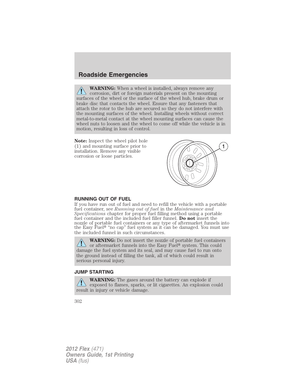 Running out of fuel, Jump starting, Roadside emergencies | FORD 2012 Flex v.1 User Manual | Page 302 / 405