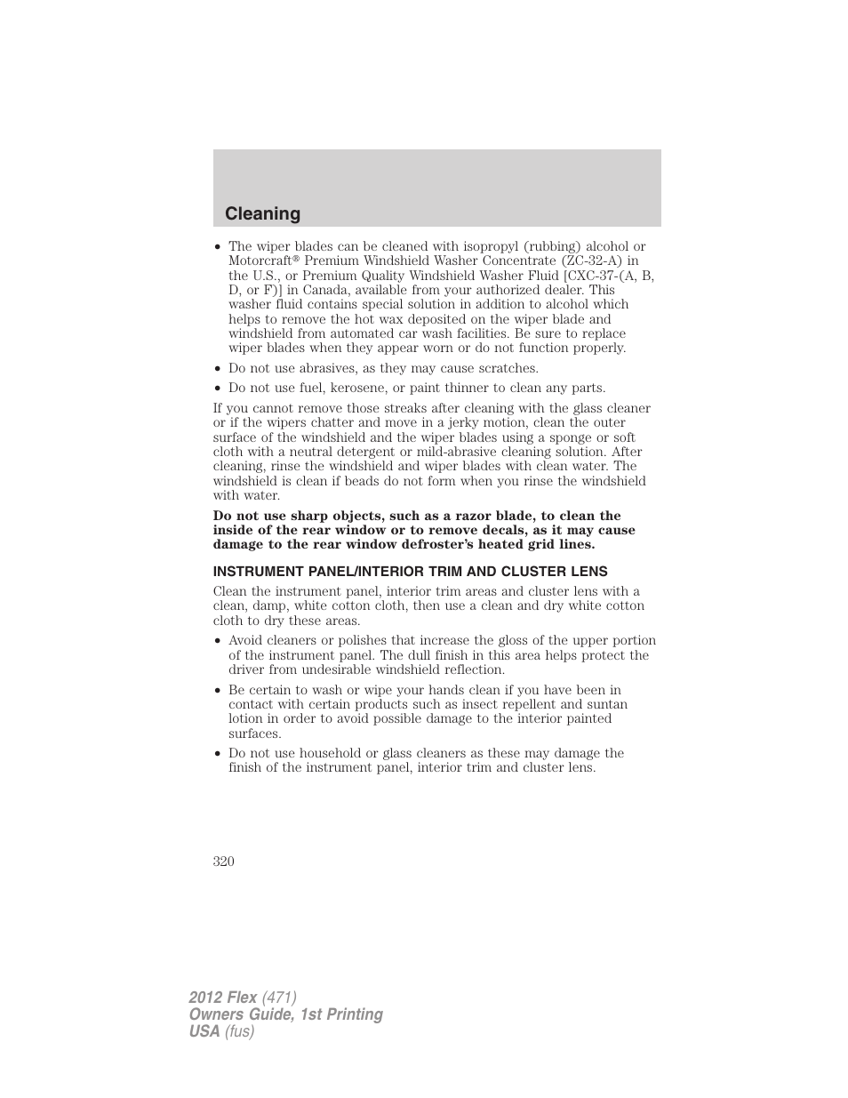 Instrument panel/interior trim and cluster lens, Cleaning | FORD 2012 Flex v.1 User Manual | Page 320 / 405
