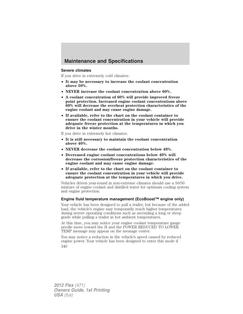 Severe climates, Maintenance and specifications | FORD 2012 Flex v.1 User Manual | Page 340 / 405