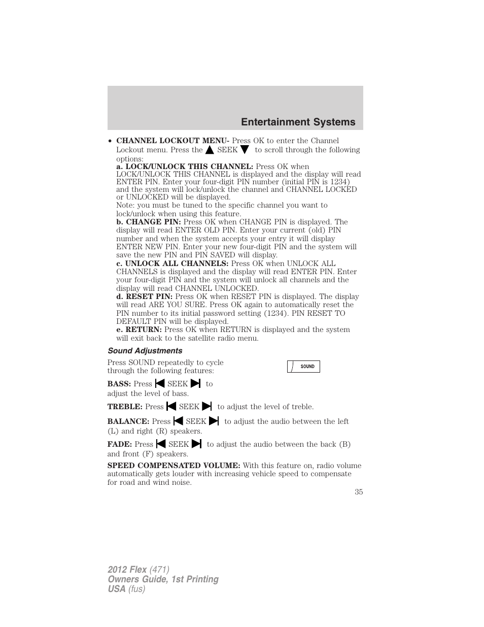 Sound adjustments, Entertainment systems | FORD 2012 Flex v.1 User Manual | Page 35 / 405