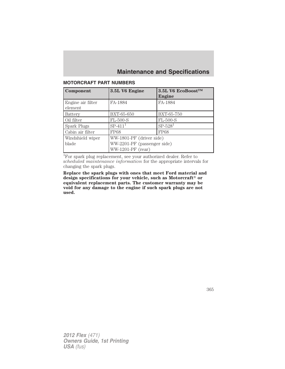 Motorcraft part numbers, Part numbers, Maintenance and specifications | FORD 2012 Flex v.1 User Manual | Page 365 / 405