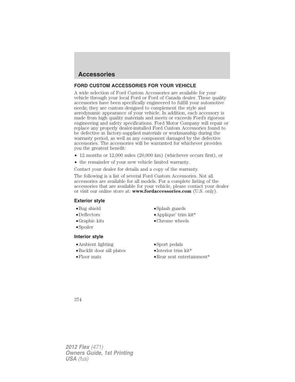 Accessories, Ford custom accessories for your vehicle, Exterior style | Interior style | FORD 2012 Flex v.1 User Manual | Page 374 / 405