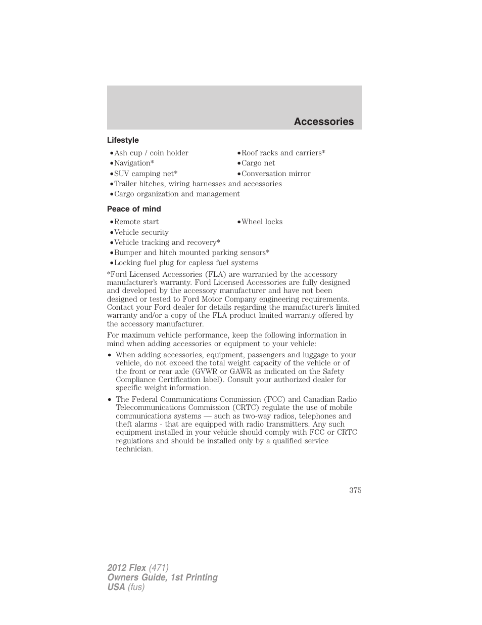 Lifestyle, Peace of mind, Accessories | FORD 2012 Flex v.1 User Manual | Page 375 / 405