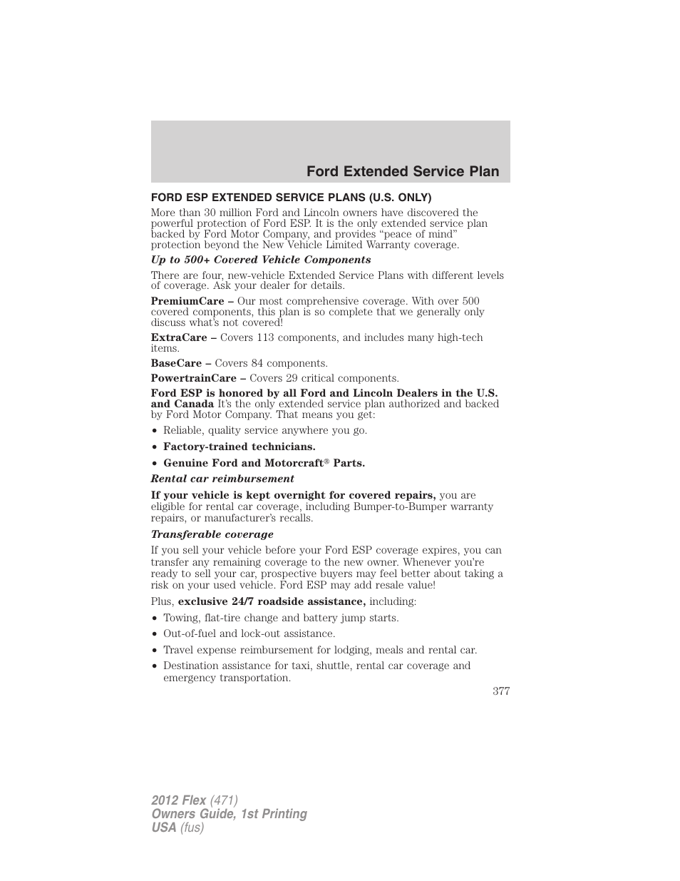 Ford extended service plan, Ford esp extended service plans (u.s. only) | FORD 2012 Flex v.1 User Manual | Page 377 / 405