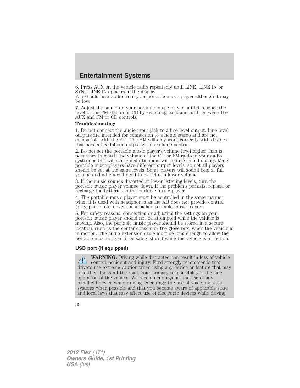 Usb port (if equipped), Usb port, Entertainment systems | FORD 2012 Flex v.1 User Manual | Page 38 / 405