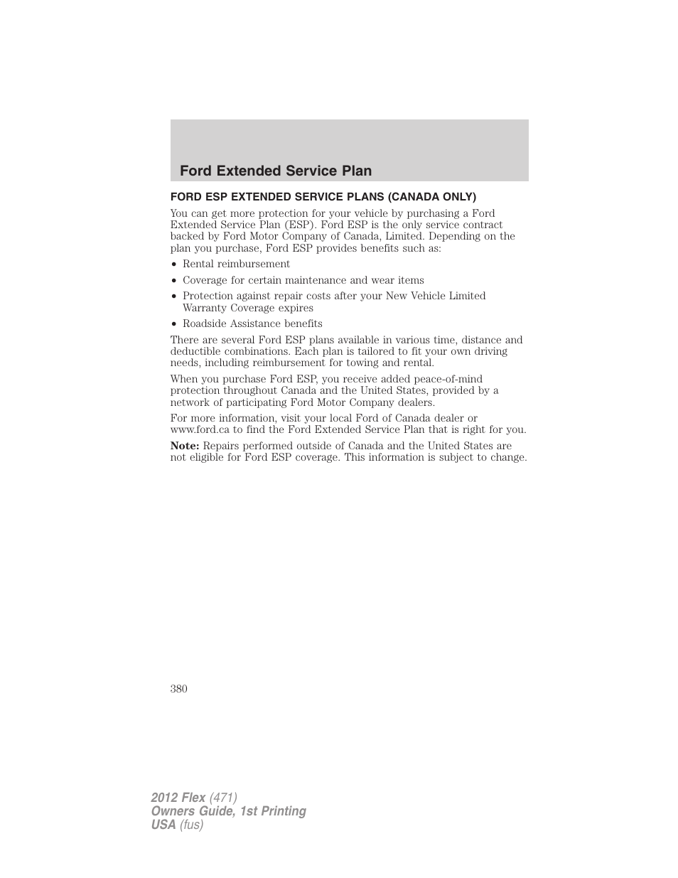 Ford esp extended service plans (canada only), Ford extended service plan | FORD 2012 Flex v.1 User Manual | Page 380 / 405