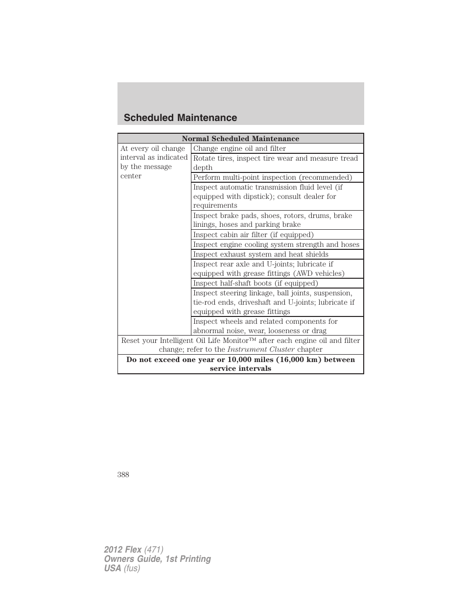 Scheduled maintenance | FORD 2012 Flex v.1 User Manual | Page 388 / 405