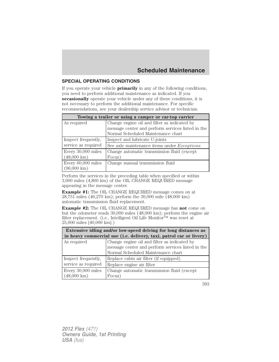 Special operating conditions, Scheduled maintenance | FORD 2012 Flex v.1 User Manual | Page 393 / 405