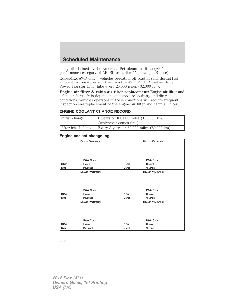 Engine coolant change record, Engine coolant change log, Scheduled maintenance | FORD 2012 Flex v.1 User Manual | Page 398 / 405