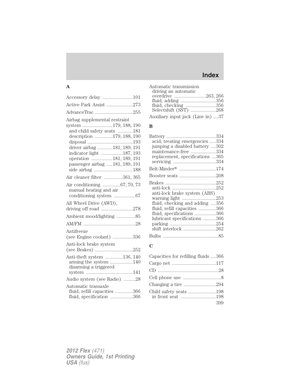 Index | FORD 2012 Flex v.1 User Manual | Page 399 / 405