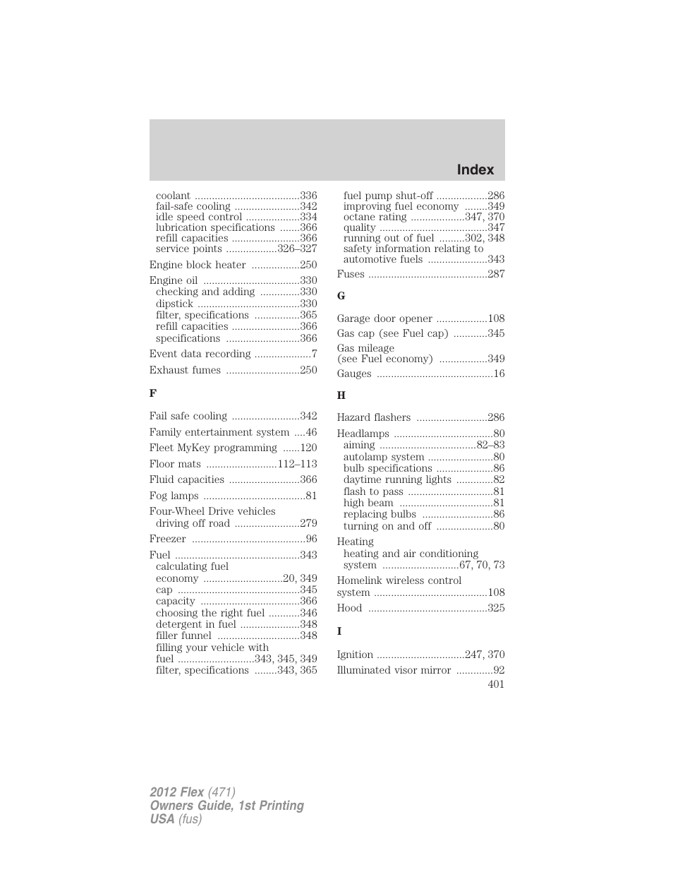 Index | FORD 2012 Flex v.1 User Manual | Page 401 / 405