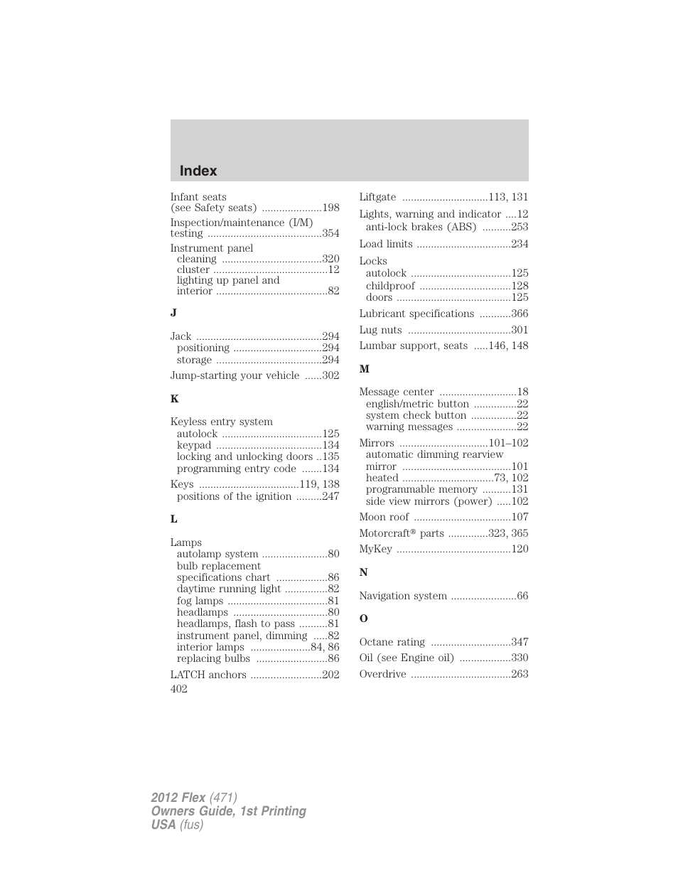 Index | FORD 2012 Flex v.1 User Manual | Page 402 / 405