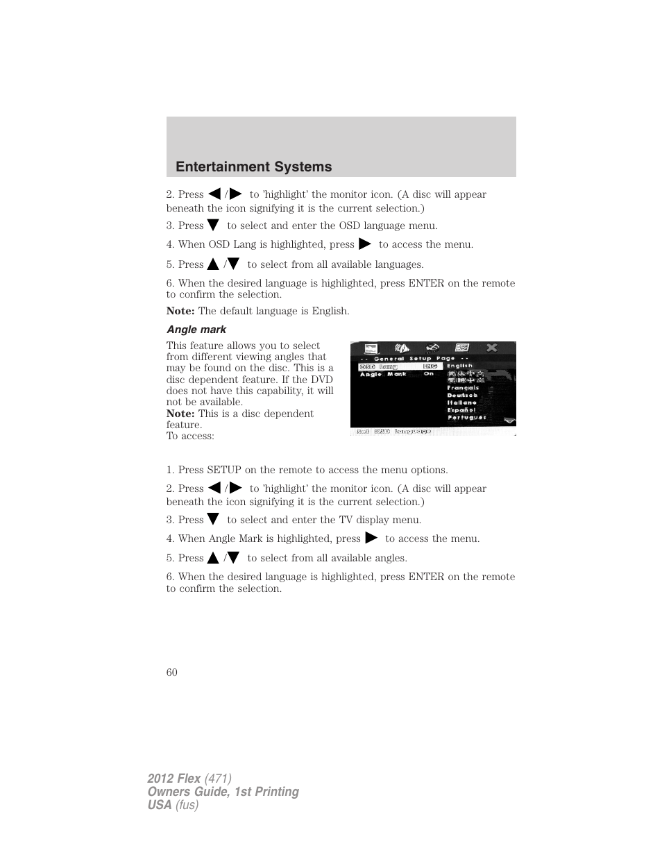 Angle mark, Entertainment systems | FORD 2012 Flex v.1 User Manual | Page 60 / 405