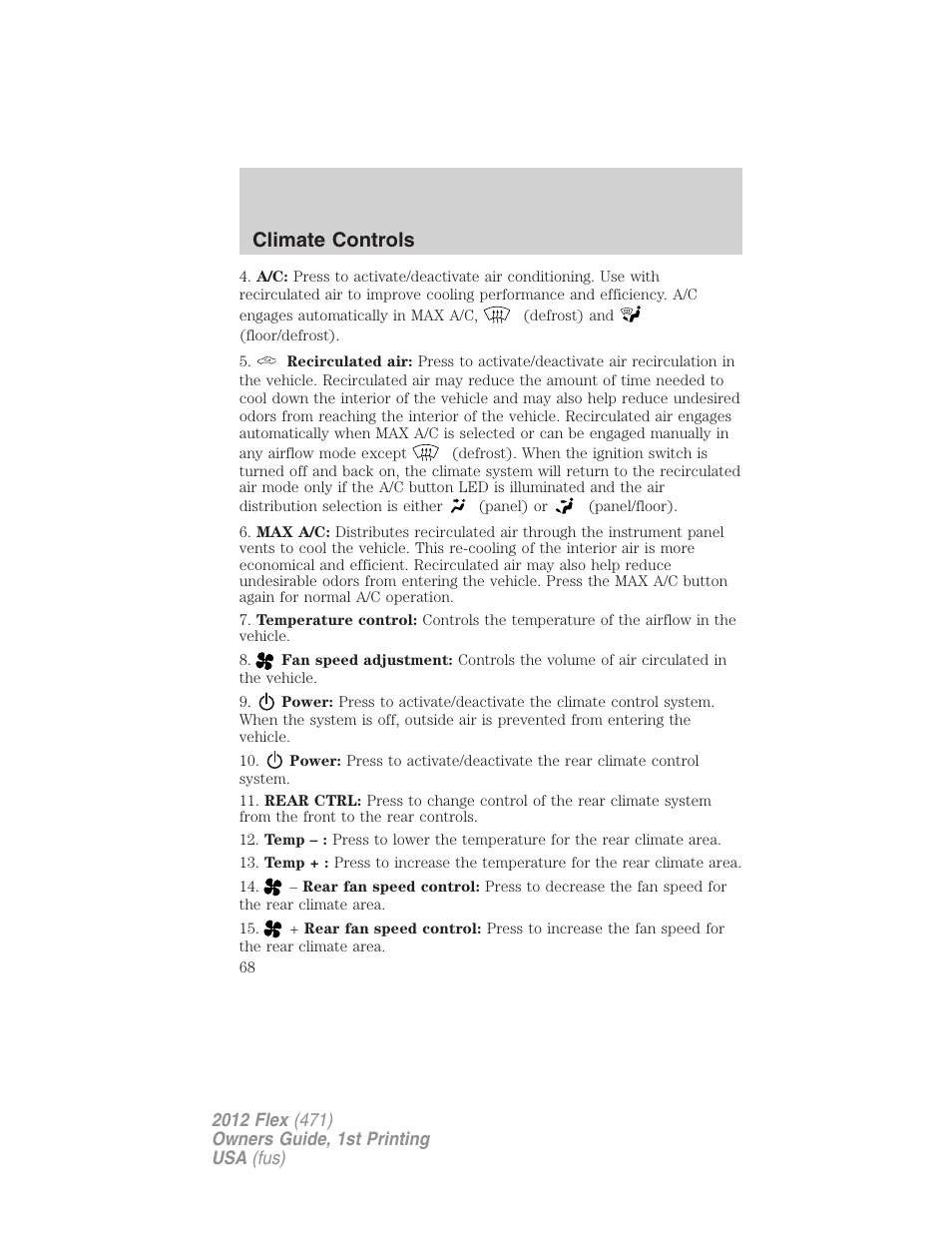 Climate controls | FORD 2012 Flex v.1 User Manual | Page 68 / 405