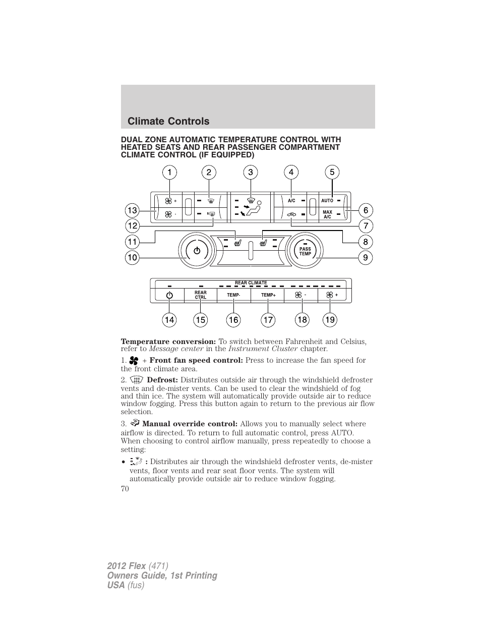 Dual electronic automatic temperature control, Climate controls | FORD 2012 Flex v.1 User Manual | Page 70 / 405