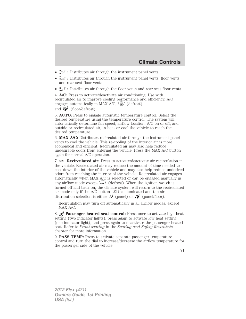 Climate controls | FORD 2012 Flex v.1 User Manual | Page 71 / 405