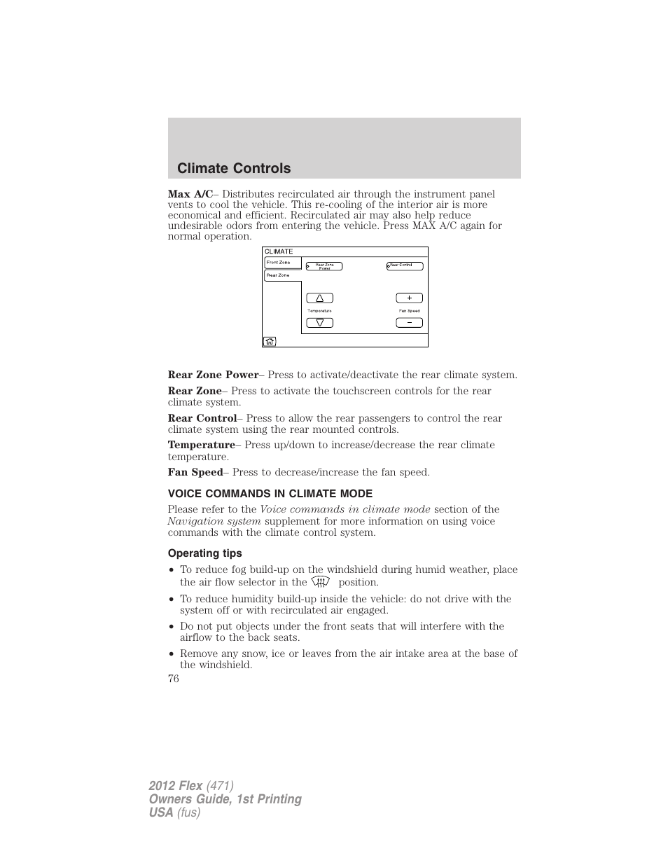 Voice commands in climate mode, Operating tips, Climate controls | FORD 2012 Flex v.1 User Manual | Page 76 / 405