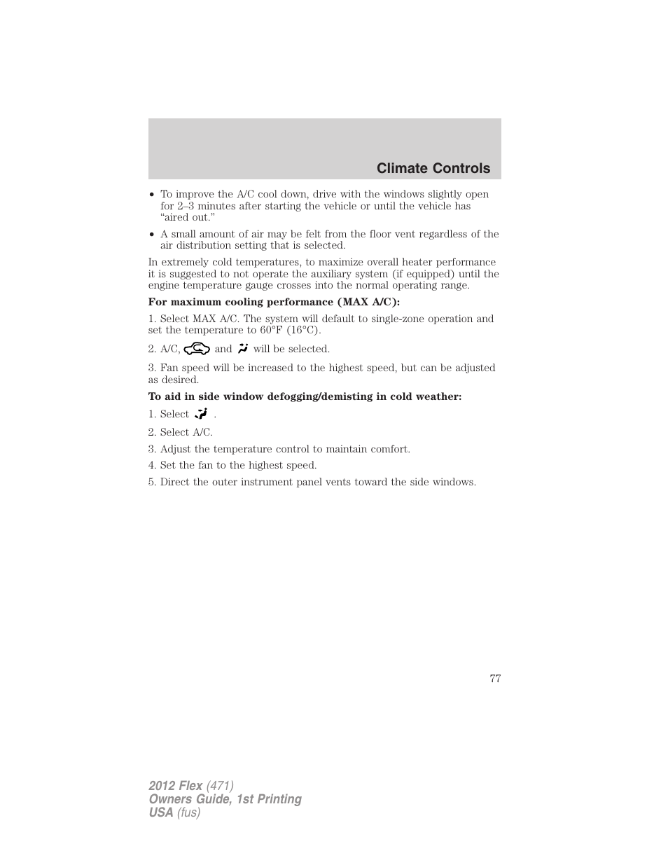 Climate controls | FORD 2012 Flex v.1 User Manual | Page 77 / 405