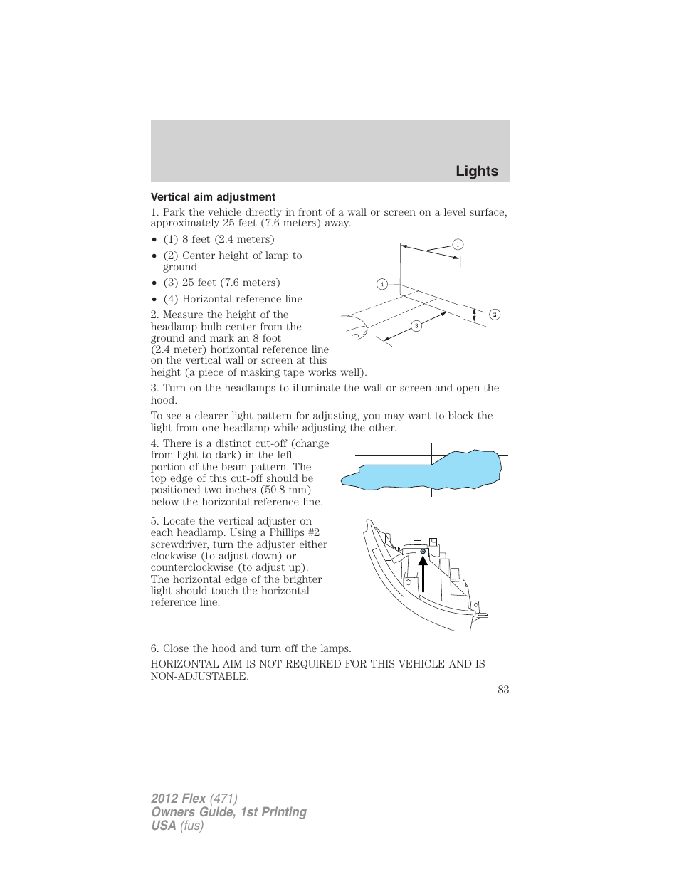 Vertical aim adjustment, Lights | FORD 2012 Flex v.1 User Manual | Page 83 / 405