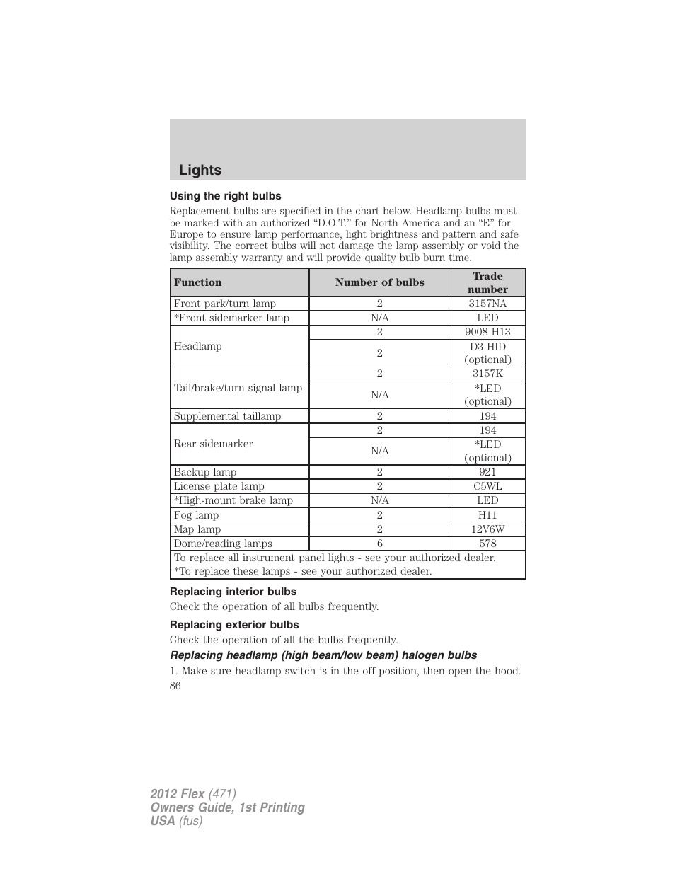 Using the right bulbs, Replacing interior bulbs, Replacing exterior bulbs | Lights | FORD 2012 Flex v.1 User Manual | Page 86 / 405