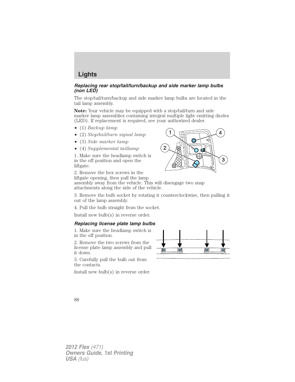 Replacing license plate lamp bulbs, Lights | FORD 2012 Flex v.1 User Manual | Page 88 / 405