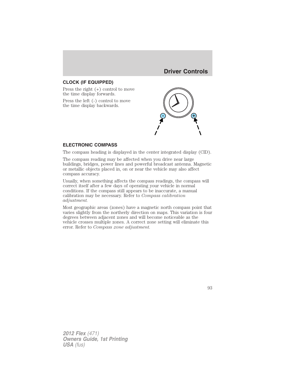 Clock (if equipped), Electronic compass, Driver controls | FORD 2012 Flex v.1 User Manual | Page 93 / 405