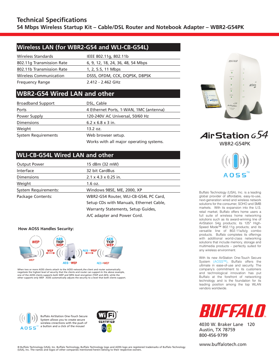 Wbr2-g54 wired lan and other, Technical specifications, Wli-cb-g54l wired lan and other | Buffalo Technology Buffalo AirStation WLI-CB-G54L User Manual | Page 2 / 2